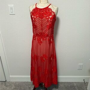 Chelsea & Violet Vibrant Red Lace Midi Dress